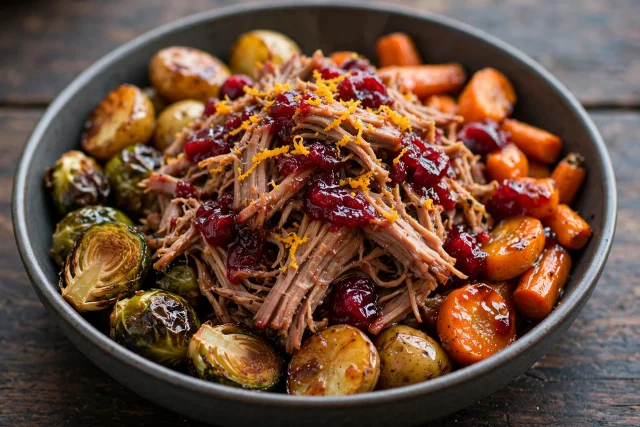 Cranberry pulled pork with orange zest and vegetables