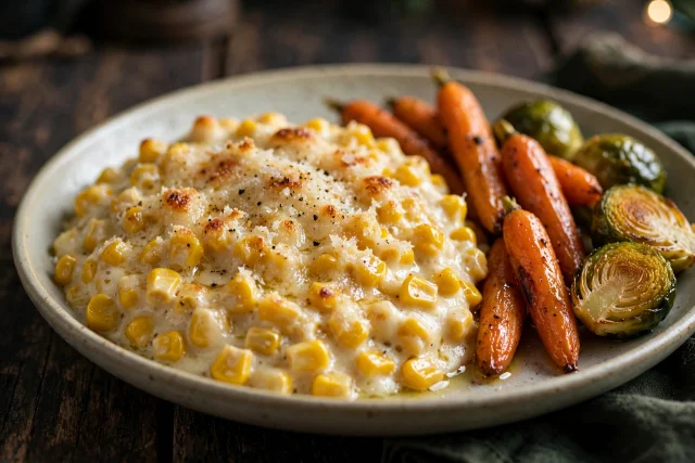 Creamed corn with parmesan and roasted carrots