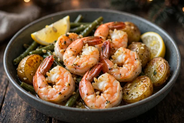 Garlic butter shrimp with lemon potatoes and green beans
