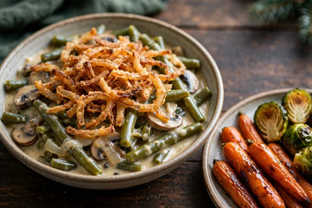 Green bean casserole with crispy onions and mushrooms