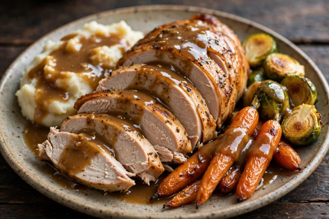 Herb turkey breast sliced with gravy and carrots
