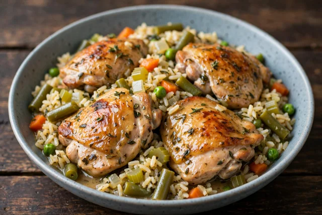 Herbed chicken thighs with rice and vegetables