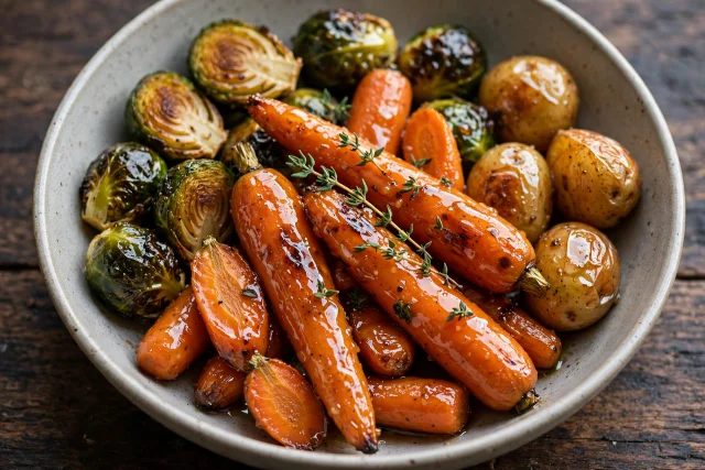 Honey glazed carrots with thyme and sprouts