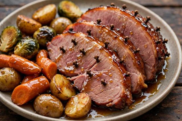 Honey glazed ham with cloves and roasted vegetables