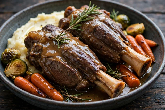 Braised lamb shanks with rosemary and gravy