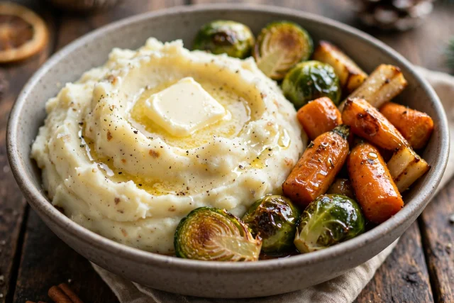 Creamy mashed potatoes with butter and roasted vegetables