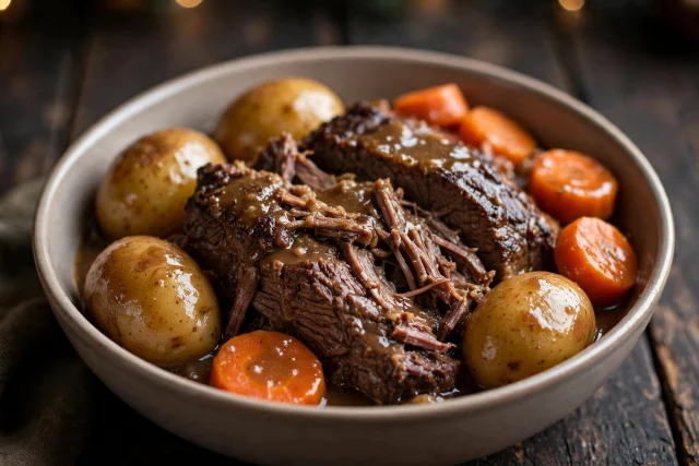 Pot roast with potatoes carrots and rich gravy