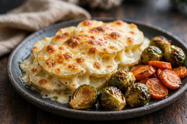 Scalloped potatoes with browned cheese and vegetables