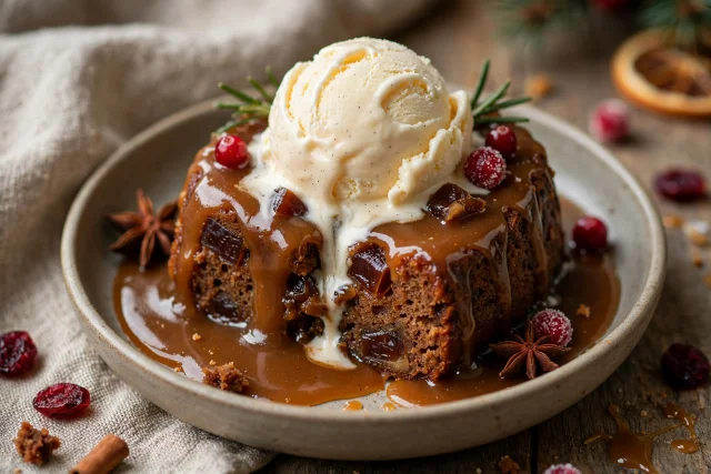 Sticky toffee pudding with warm sauce and ice cream
