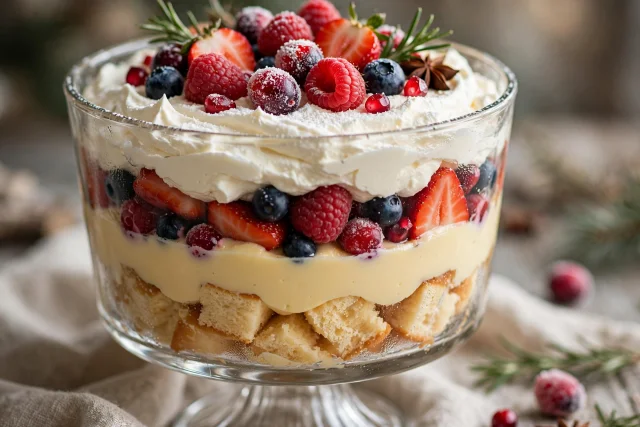 Christmas trifle with berries custard and cream