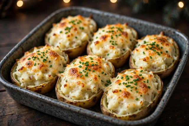 Twice baked potato casserole with cheese and chives