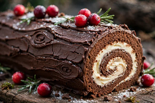 Yule log cake with bark texture and cranberries