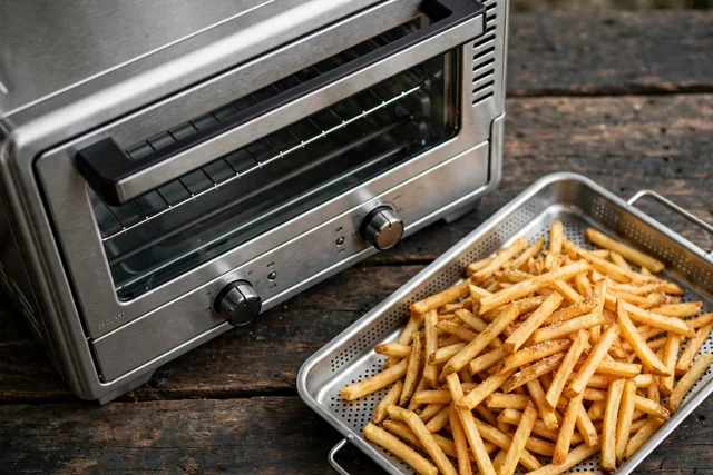Stainless twenty six quart air fryer toaster oven with fries