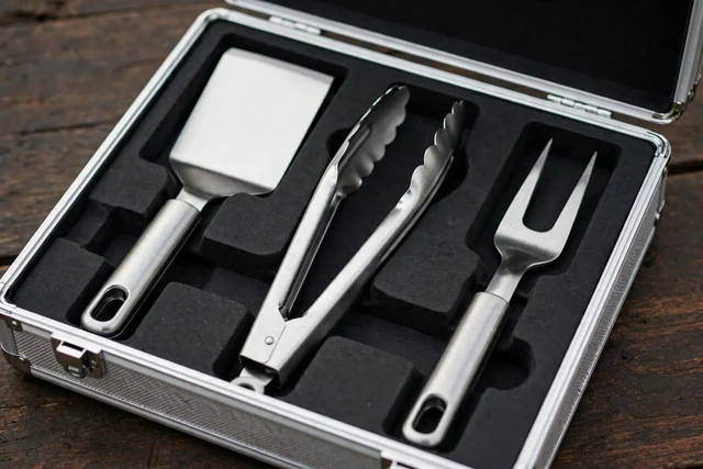 Stainless barbecue tool kit in an open aluminum case