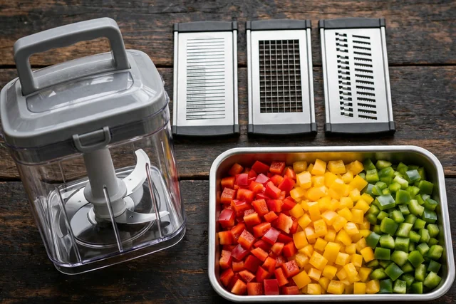 Vegetable chopper box with mandoline blades and diced peppers