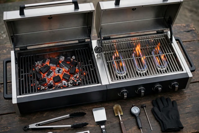 Large gas and charcoal combination grill with open lids