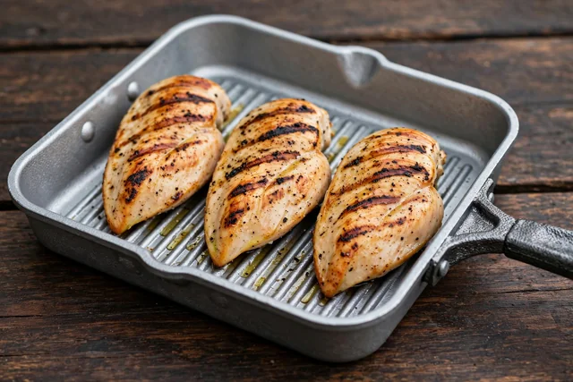 Die cast aluminum grill pan with seared chicken