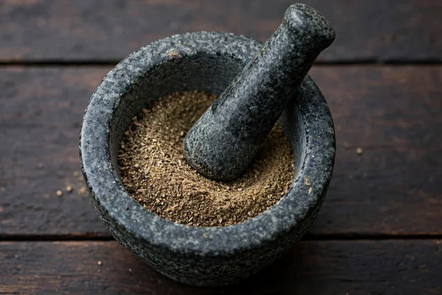 Granite mortar and pestle with fresh spices