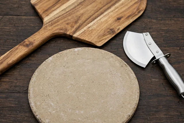 Pizza making kit with stone, wooden peel, and rocker cutter