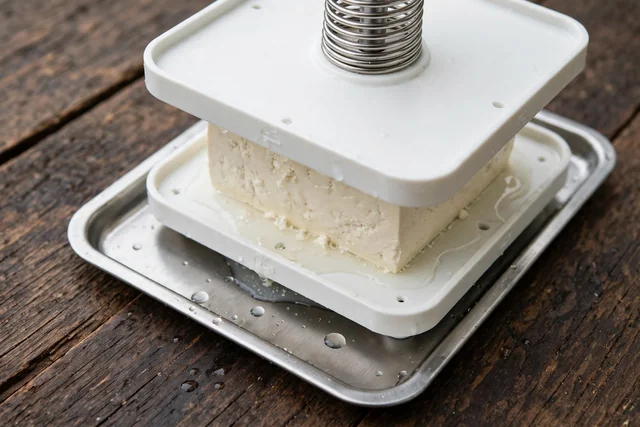 Tofu and paneer press with white plates and steel spring
